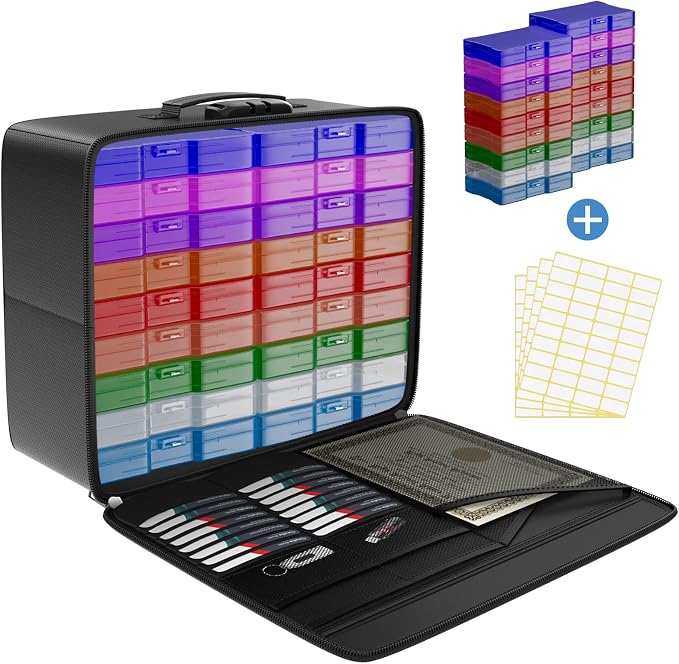 Fireproof Safe Photo Storage Box with 18 Inner 4"x6" Multicolor Photo Cases | Portable Photo Organizer with Lock for Picture, Collapsible Photo Container with Handle and 18 Boxes 4 Sheet Label Stickers