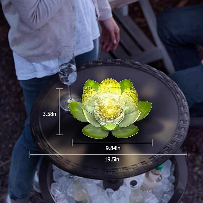 Huaxu Solar Lights Outdoor Garden Decoration Crackle Globe Glass Waterproof LED Metal Green Lotus Flowers Gift for Mom,Women,Patio,Lawn,Walkway,Tabletop,Ground