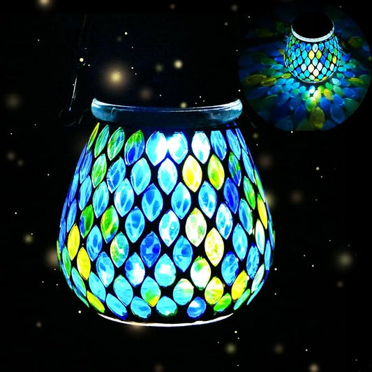 Mosaic Blue Solar Lanterns, Outdoor Glass Hanging Lights, Waterproof, Solar Table Lamps, Christmas Gifts for Women Mom Grandma, Night Lights, Decoration for Garden, Patio, Yard, Party, Outdoor Decor