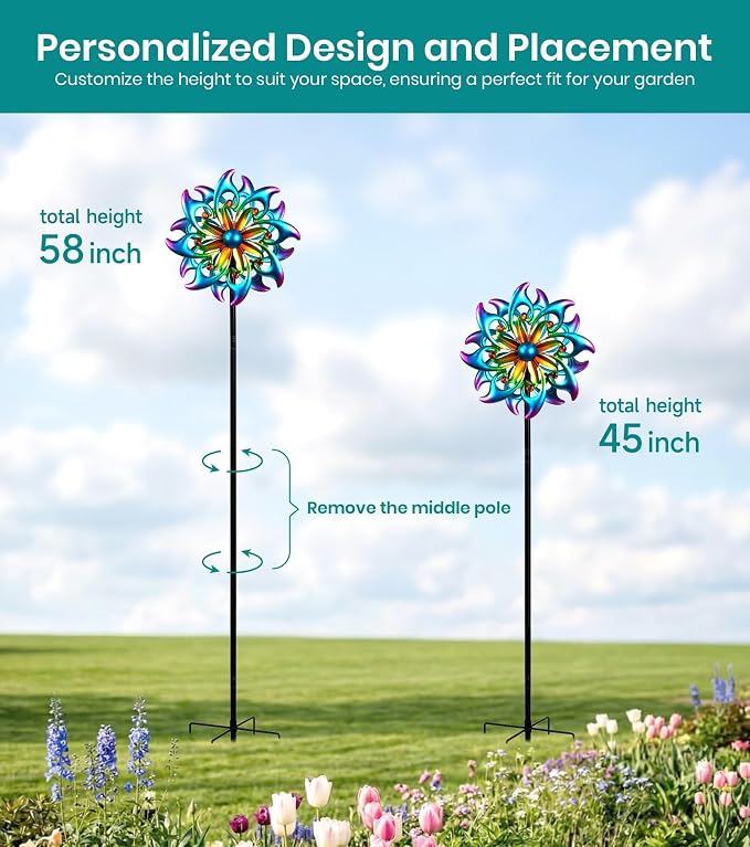 Solar Wind Spinner Metal Bird of Paradise Kinetic Garden Yard Art | Multi-color solar glow orb,Bird of paradise metal spinner,Whisper-quiet bearings,Stable 5-prong stake,Hand-Crafted Art