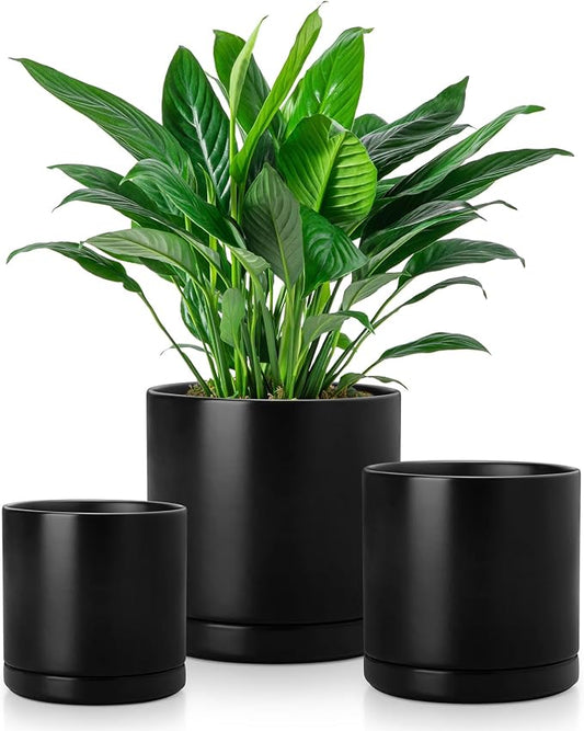 vancasso Ceramic Plant Pots, 3 Piece Planters for Indoor Plants, 4.25+5.25+6.25 Inch Flower Pots with Drainage, Plant Pots Indoor for Succulent, Pothos, Snake Plant and Money Tree, Etc (Black)