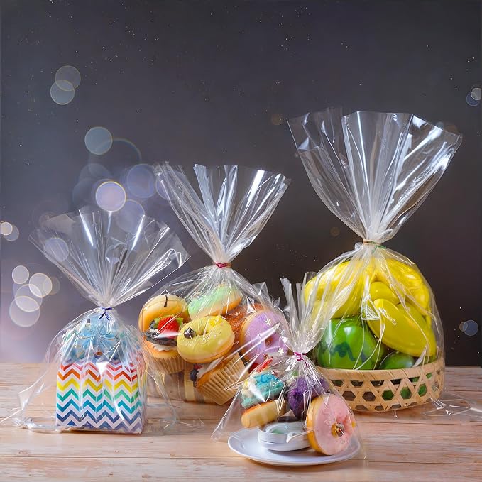 Boao 4 Sizes 200 Pieces Clear Plastic Cellophane Bags Cello Treat Bags with Mix Colors Twist Ties for Christmas Birthday Holiday (10 x 8 In,13 x10 In,16 x 12 In, 14 x 20 in)