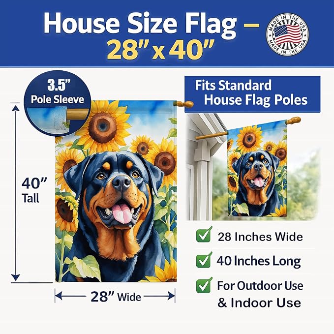 Caroline's Treasures DAC6150CHF Rottweiler in Sunflowers House Flag Large Porch Sleeve Pole Decorative Outside Yard Banner Artwork Wall Hanging, Polyester, House Size, Multicolor