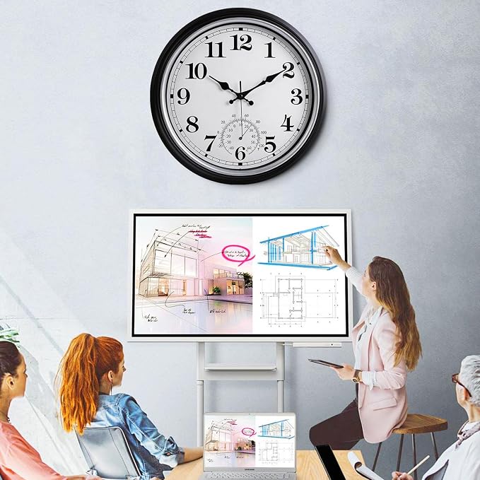 16 Inch Large Outdoor Clock Retro Waterproof Clock Non-Ticking Indoor/Outdoor Wall Clock with Thermometer, Battery Operated for Pool, Patio, Garden, Black