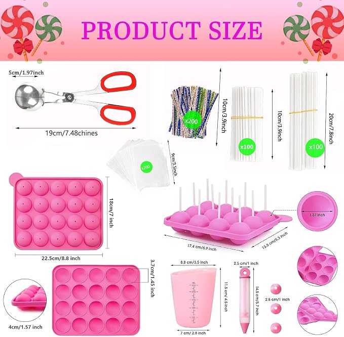 605Pcs Cake Pop Kit,Silicone Lollipop Molds Including Lollipop Sticks,Measuring Cup,Treat Bags,Twist Ties,Decorating Pen,Round Mold,Meat Baller with Handles,Lollipop, Candy,Display Stand Holder