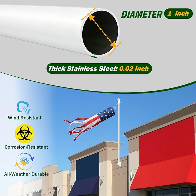 Windsocks Kit for Outside House, 4th of July Decorations US Flag 40 Inch Wind Socks with 6FT Stainless Steel Flagpole with Flag Holder and Rings (White)