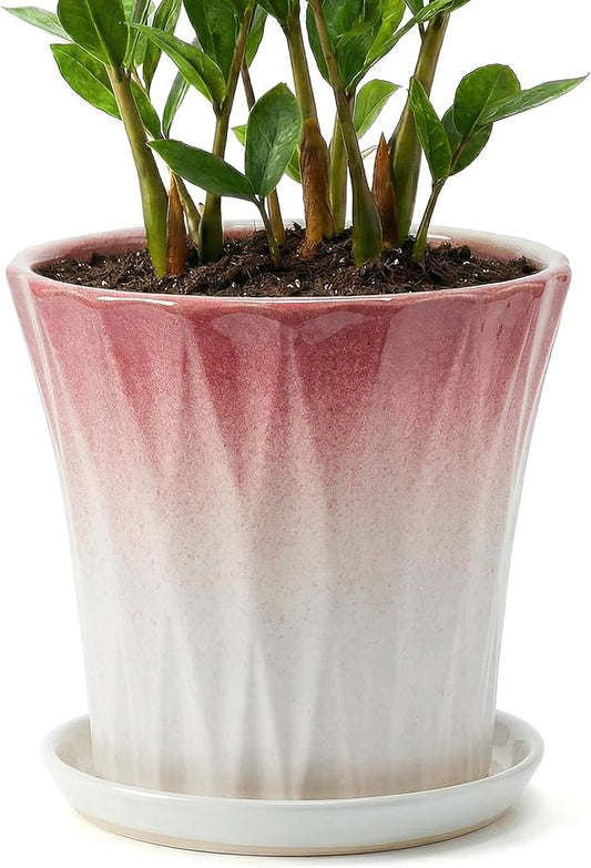 10 Inch Ceramic pots for Plants with Saucer Drainage Leak-Proof Mesh, Round Plant Pot with Gardening Gloves for Indoor Outdoor Plants (Rippled Pink)