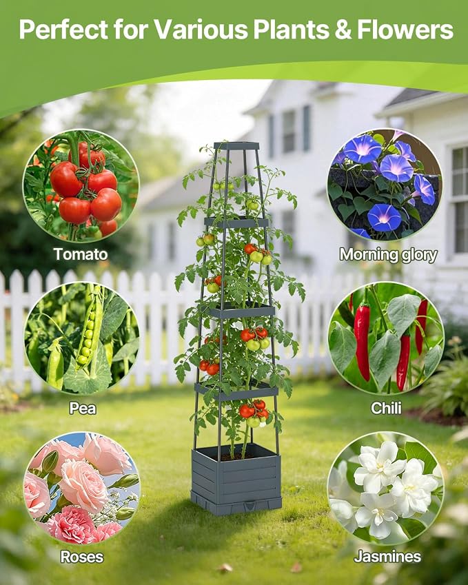 Suteck Raised Garden Bed Planter Box with Trellis, 4-Pack Self-Watering Tomato Planter with Adjustable Height Steel Support Frame for Climbing Plants, Tomato Cages for Patio, Balcony & Outdoor