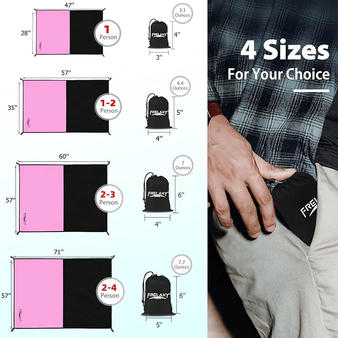 Frelaxy Pocket Picnic Blanket, Waterproof Sandproof Beach Mat, Compact Camping Tarp for Festivals, Hiking, Travel, Outdoor Recreation (Pink & Black, 35'' x 57'')