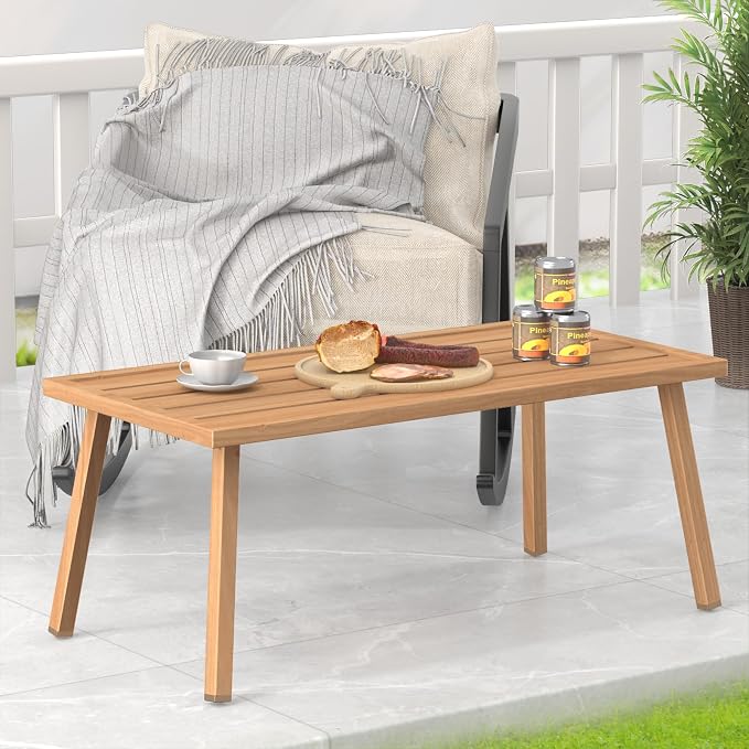 C-Hopetree Small Metal Outdoor Coffee Side Table for Outside Patio, Rectangle, Wood Look