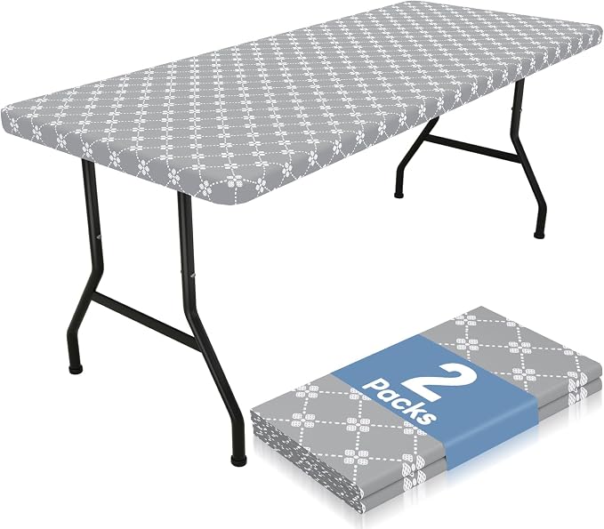 misaya 2 Pack Rectangle Vinyl Table Cloth, Elastic Fitted Tablecloth with Flannel Backing, Waterproof Table Cover Fits 6 Foot Folding Tables for Picnic, Camping and Outdoor (Light Grey, 30" x 72")