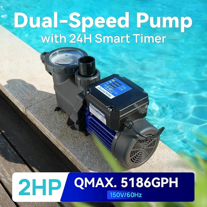 Aquastrong 2HP In/Above Ground Pool Pump, Dual Speed with Timer, 115V, 5186GPH, High Flow Self Primming Swimming Pool Pump,Black