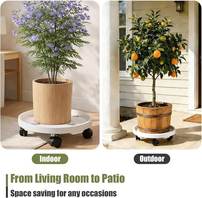 4-pack 16" Extra-large Plant Caddy with Wheels Plastic Plant Dolly with Locking Caster Flower Pot Mover Rollers Wheeled Rolling Plant Stands Round Plant Saucer Indoor Outdoor Base Coasters White