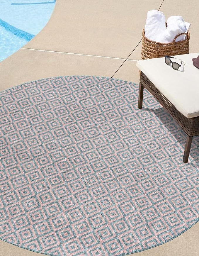 Unique Loom Jill Zarin Jill Zarin Outdoor Collection Area Rug - Costa Rica (6' 7" Round, Pink and Aqua/Light Blue)