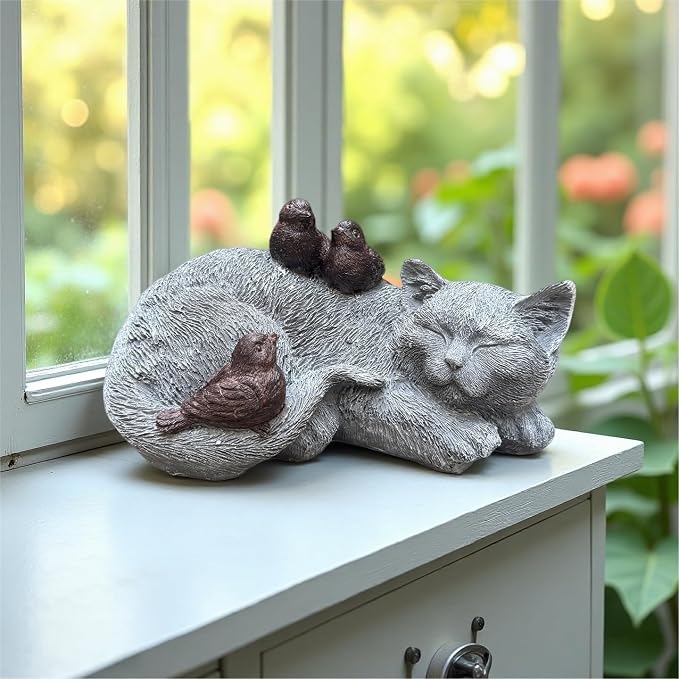Cat Statue Outdoor Garden Decoration, Cat Memorial Stone Peaceful Sleeping Statues & Figurine Garden Decor for Patio Lawn Porch, 11.5" Tabby Grave Markers and Loss Pet Sympathy Gift