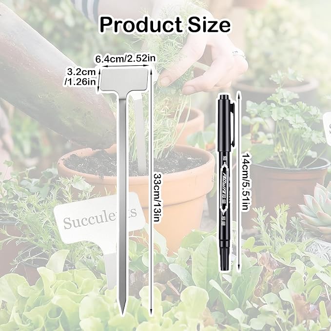 Stainless Steel Plant Labels Set, 20 Pack Waterproof Metal Garden Markers with 2 Pens, 13-Inch Rust-Proof Tags for Vegetables Flowers Indoor Outdoor Use
