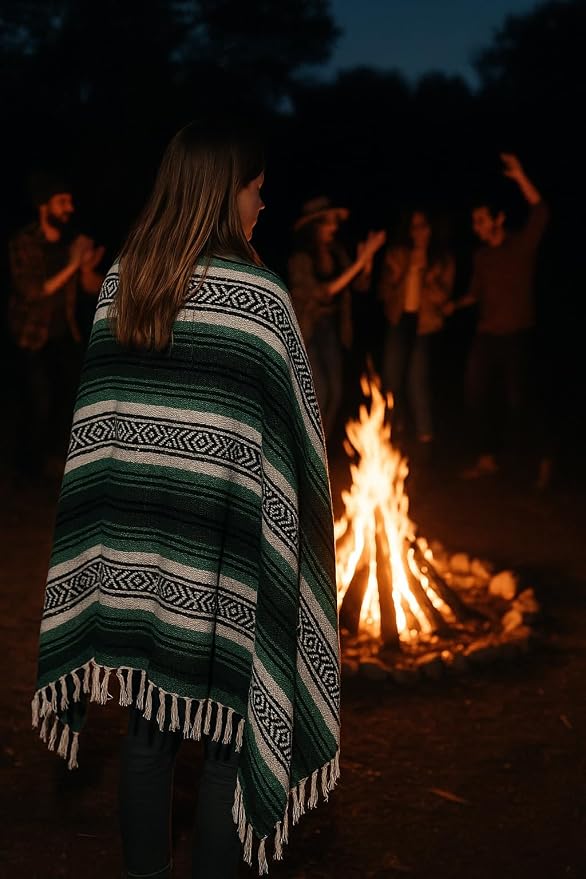Airooglee 77" L x 46.4" W Large Mexican Blanket - Perfect as Camping Blanket, Yoga Outdoor Beach Serape Picnic Woven Blanket, Boho Home Décor - Green