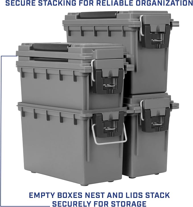 Sheffield Ammo Box Made in USA, Stackable Lockable Ammo Storage Box, Gray | 4 Pack Lockable Storage Box, Water & Dust Resistant Dry Box, Secures Hunting Gear, Gun Accessories, Supplies, Bullets