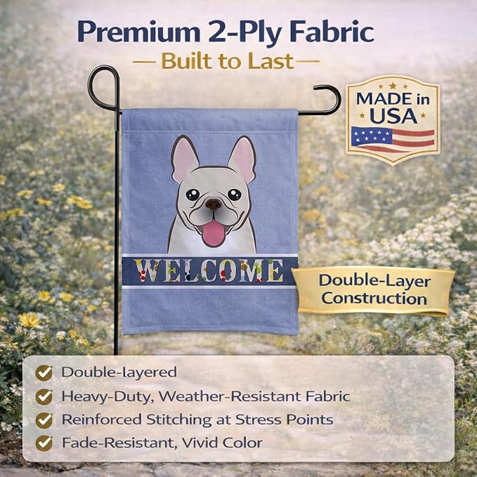 Caroline's Treasures BB1424GF French Bulldog Welcome Garden Flag, Blue Mailbox Flag Decorative Yard Flag Banner Outside Patio Artwork Yard Flower Beds, Garden Size, Multicolor