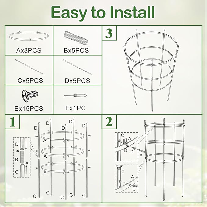 4 Set Titan Peony Plant Support Stakes Black Metal Peonies Cages 17.7" D x 35.4" H Tomato Cages Rings Sturdy Garden Plants Support Trellis for Climbing Plants