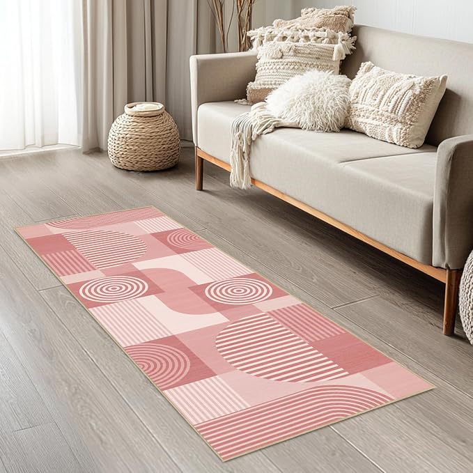 Pink Geometric 2x6 Runner Rug for Hallway Kitchen Bedroom Machine Washable Mid Century Modern Rug Non Slip Low Pile Minimalist Line Runner Rugs Long Floor Mat Carpet for Bathroom Laundry,Pink