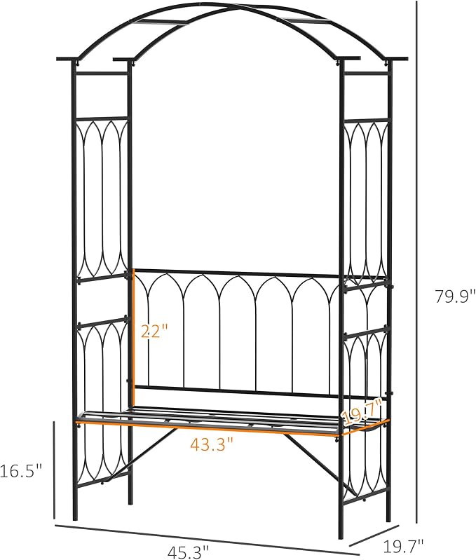 Outsunny Metal Trellis Arbor Arch for Climbing Plants with Garden Bench, Grow Grapes & Vines, Patio Decor & 2-Person Outdoor Steel Decorative Seating, 484 lbs. Weight Capacity, Black