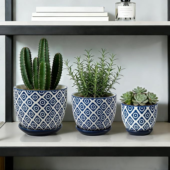 Ceramic Pots for Indoor Plants - 3.5"+4.6"+5.6" Flower Pots with Drainage Holes and Saucers - Succulents Plant Pots for Orchid, Cactus, Pothos, Herbs, Home Office, Set of 3, Vintage Blue, Dot