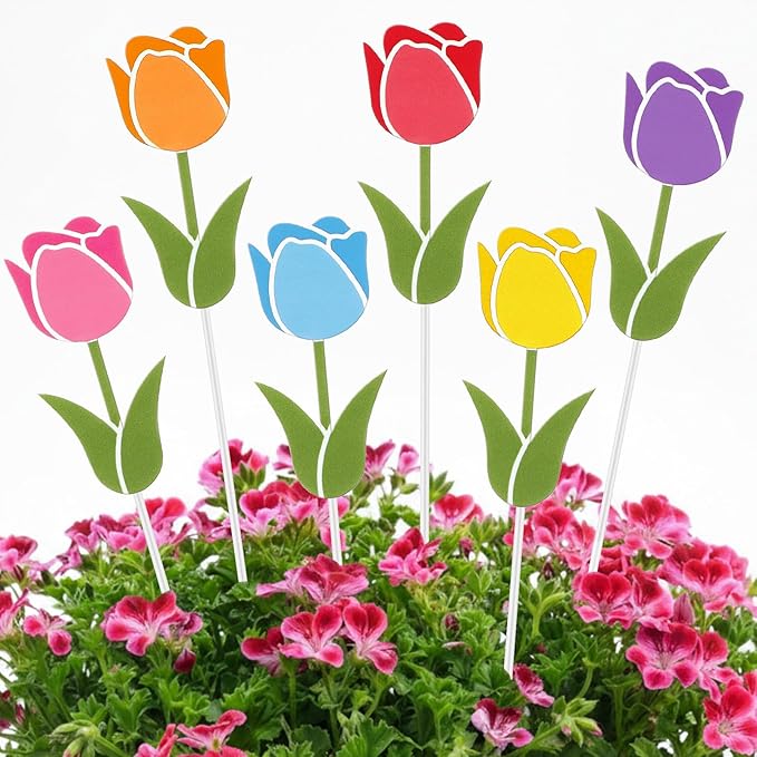 Pickmesh 6 Pcs 12" H Spring Decorations Outdoor Tulips Metal Yard Sign Flowers Spring Colorful Flower Barn Garden Stake for Easter Planter Pot Walkway Pathway Outdoor Decor Lawn Decoration
