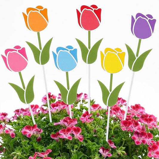 Pickmesh 6 Pcs 12" H Spring Decorations Outdoor Tulips Metal Yard Sign Flowers Spring Colorful Flower Barn Garden Stake for Easter Planter Pot Walkway Pathway Outdoor Decor Lawn Decoration