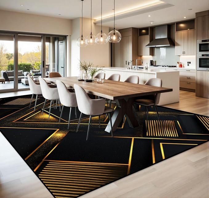 10x14 Area Rugs for Living Room Black Gold Geometric Stripe Decorative Repeated Patterns Radiating Washable Large Area Rug for Bedroom Non Slip Outdoor Carpets Soft Mats Kitchen Home Office Decor