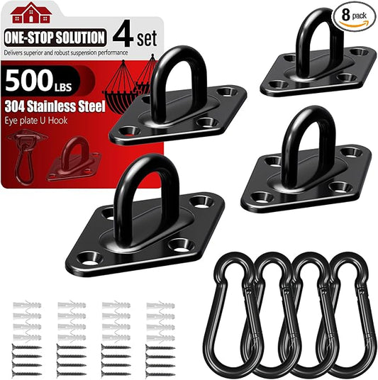 sprookber 304 Stainless Steel Pad Eye Snap Hooks, M5 Heavy Duty Ceiling Hooks, 500 lb Capacity Hammock Swing Hanging kit, Plant Hangers, Marine Hardware Staple Hook Loop with Screws, Set of 8(Black)