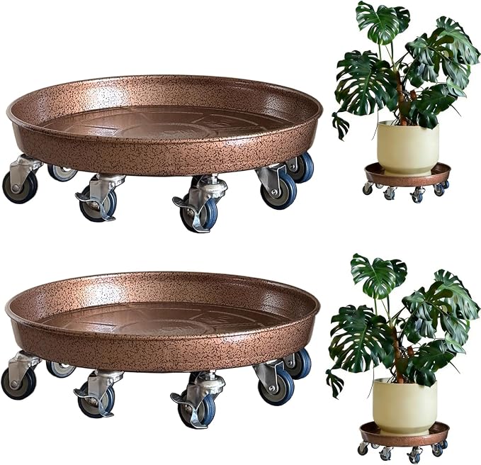 Rolling Planter Caddy(430lbs Capacity), Heavy Duty Metal Plant Stand with Brake Wheels Plant Dolly Mover Plant Pot Tray Saucer for Indoor Outdoor 16inches Copper,2Pack