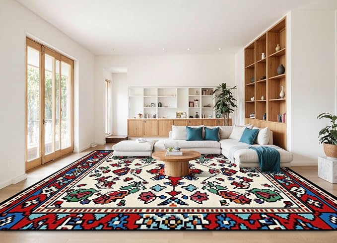 10x14 Area Rugs for Living Room Colorful Oriental Mosaic Traditional Geometric Ornament Floral Motifs Washable Large Area Rug for Bedroom Non Slip Outdoor Carpets Soft Mats Kitchen Home Office Decor