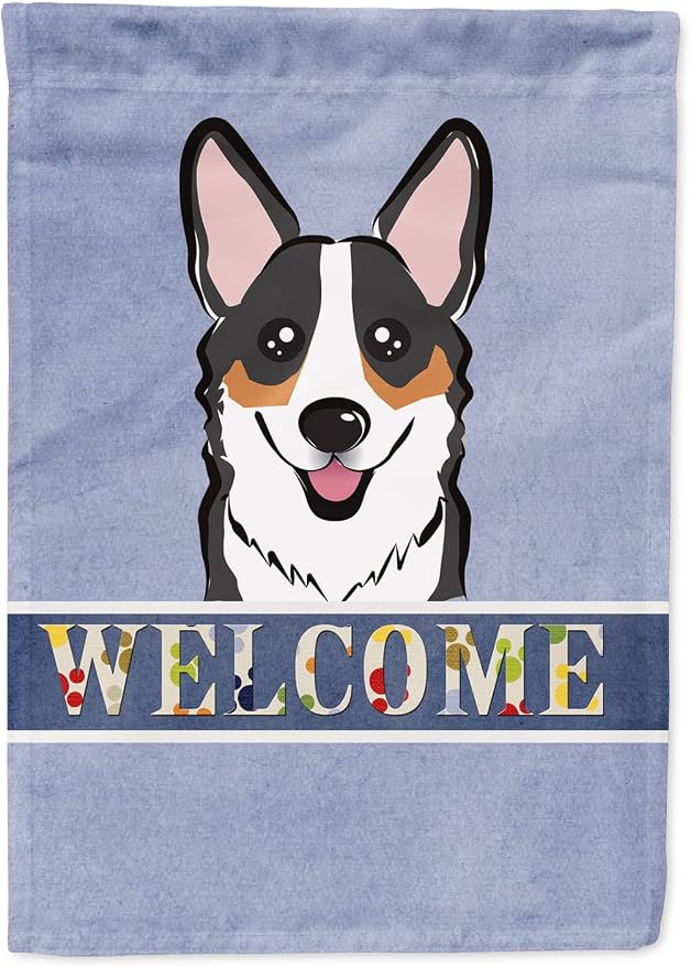 Caroline's Treasures BB1441GF Tricolor Corgi Welcome Garden Flag, Blue Mailbox Flag Decorative Yard Flag Banner Outside Patio Artwork Yard Flower Beds, Garden Size, Multicolor