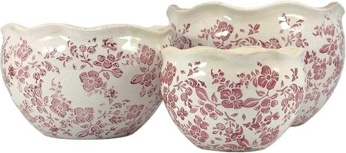 Galt International Ceramic Plant Pots Set of 3 Rustic Vintage Farmhouse Cream Crackle Glaze (11"/ 9.6"/ 7") Garden Indoor Outdoor Flower Planter w/Drainage Hole (Vintage Red)