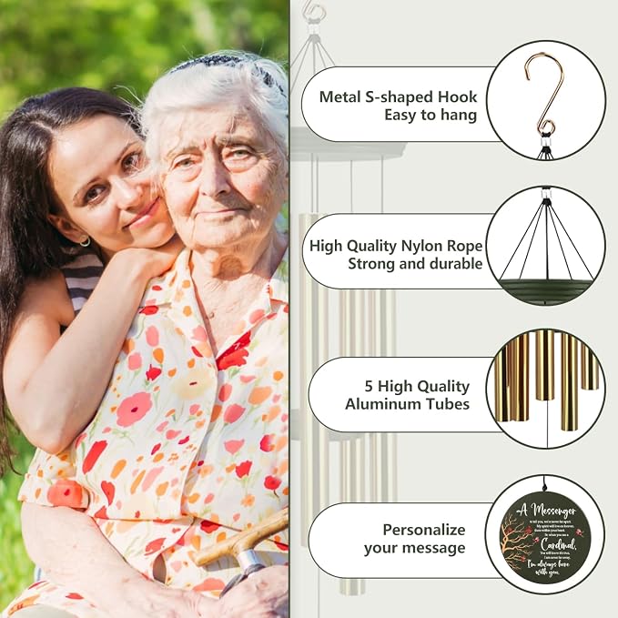 ASTARIN Cardinal Memorial Wind Chimes, 36" Personalized Name Sympathy Wind Chime, Windchimes in Memory of Loved One, Bereavement Condolence Gift for Loss Mom Dad Sister Son(Produced in Texas)