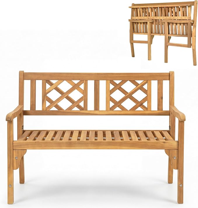 Giantex 4 Ft Foldable Outdoor Bench, Acacia Wood Outside Loveseat with Curved Backrest and Armrest, 705Lbs Weight Capacity, Garden Bench for Patio, Park, Porch, Balcony