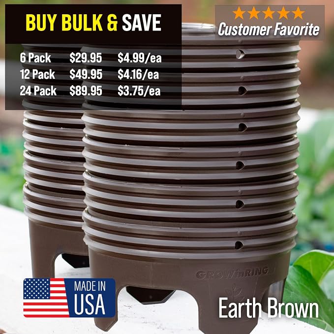 7 inch Solid Planting Grow Rings | 12 Pack Earth Brown | One-Piece Design for Deep Root Watering Veggies, Herbs & Flowers | Mulch & Soil Barrier | Deter Slugs and Cutworms | Heavy Duty | Made in USA