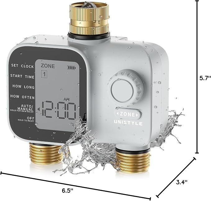 [2026 Upgrade] 2 Zone Sprinkler Timer with Brass Inlets & Outlets, Unistyle Programmable Water Timer for Garden Hose, IP55 Waterproof Hose Timers with Manual Irrigation Timers for Yard and Lawn Patio