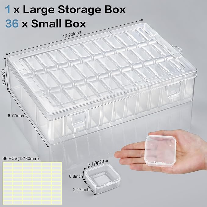 Bead Organizer Box, 36 Pcs Mini Clear Bead Storage with Hinged Lid and Labels, Small Plastic Containers for Jewelry Making, DIY Craft, Diamond Painting, Screws, Nail Art, and Seeds (1 Pack)