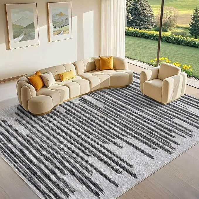 GarveeHome 8x10 Washable Living Room Rug Modern Striped Non Slip Carpet | Foldable Low Pile Area Rug for Home Office Bedroom Dining Room Geometric Stain Resistant Rugs, Black Grey