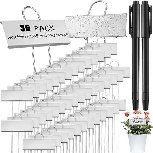 Maitys 38 Pcs Metal Plant Labels Garden Markers Outdoor Weatherproof 10.6 Inch Stainless Steel Nursery Tags Reusable Bulk with Pens for Flower Fruit Vegetable Seedling (Silver Label with Black Ink)