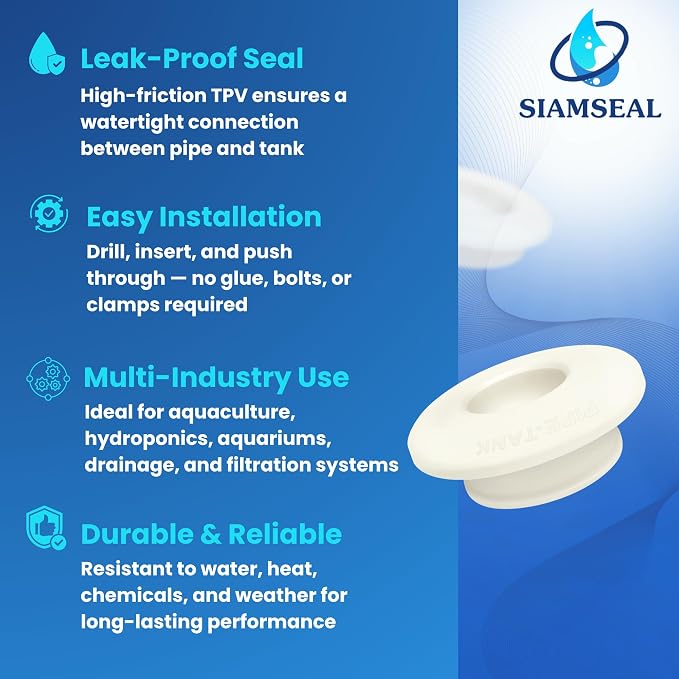 1/2 inch Hydroseal flexible tank adapter TPV Bulkhead Fitting bulkhead connector TPV grommet for PVC Pipe Tank-to-Pipe Seal, Leak-Proof No Glue, Hydroponics Aquaponics Aquarium Water Filtration