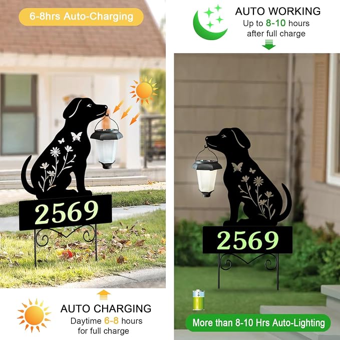 Solar House Numbers for Outside,YY Gardenia Metal Dog Address Signs for Houses with Glow in the Dark,Outdoor Decorative for Garden,Lawn,Patio,Pathway