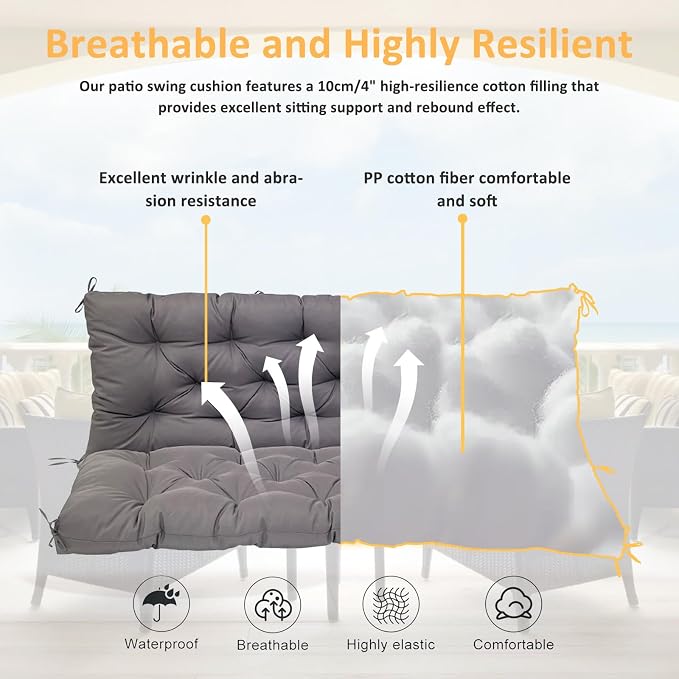 Swing Replacement Cushions for Outdoor: 2-3 Seater Waterproof Porch Bench Cushion with Backrest and Ties - 4" Thick Swing Cushion for Garden Patio Backyard Loveseat