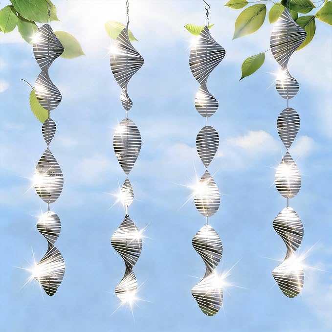 CHONOVO 12 Discs 4 Pcs Bird Deterrents for Outside, Bird Repellent Devices | 3D Reflective Stainless Steel Wind Spinner, 360° Rotating for Patio, Yard, Garden & Orchard, Helps Deter Pigeon& Sparrow