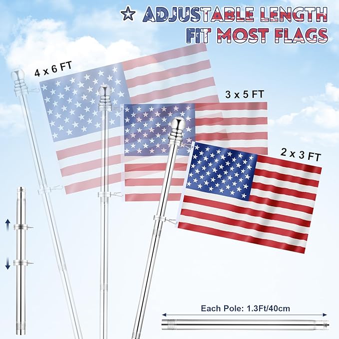 Flag Pole for Outside House Porch Wall Mount, REERON 7 FT No Tangle Stainless Steel Spinning Flagpole Kit with 1" 360° Metal Flag Pole Rings Clips & 2-Position Holder for 3x5' 4x6' American Flags