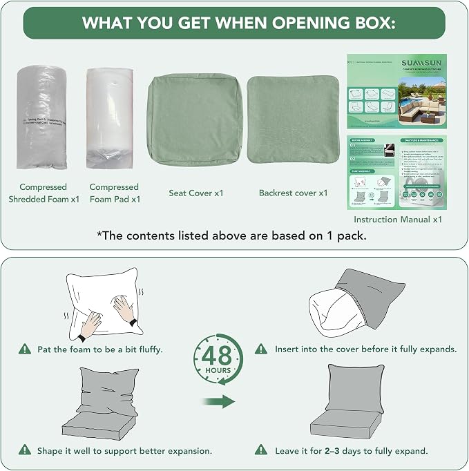 Summsun Outdoor Cushions for Patio Furniture, Faux Linen Water Resistant Backrest and Seat Cushion Set with Removable Cover, Ties, Non-Slip Bottom, 19 x 19 Inch, Sage Green