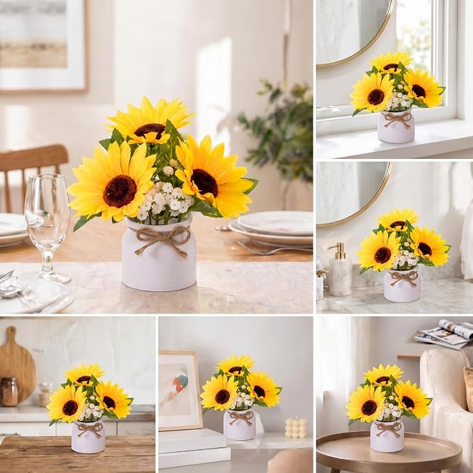 Zeyune 8 Pcs Sunflower Potted Plants Rustic Summer Spring Kitchen Wedding Table Centerpieces Silk Yellow Fake Flower with Plastic Pot for Home Bathroom Office (White, Sunflower and Baby's Breath)