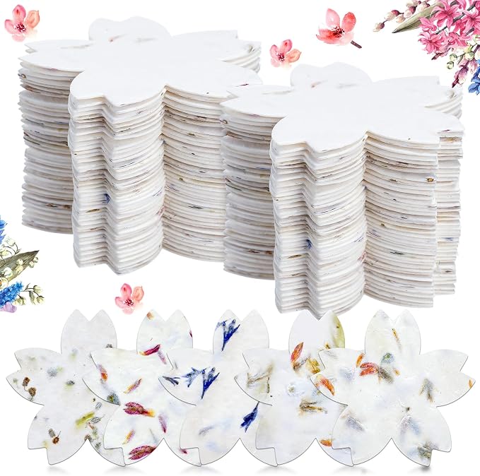 Dunzoom 50 Pcs Handmade Seed Paper Plantable Wildflower Seed Paper Recycled Flower Petals Tags Wedding Favors for Guests Craft Gifts Cards for Envelope Birthday Party, 5 Styles (Flower Shape)